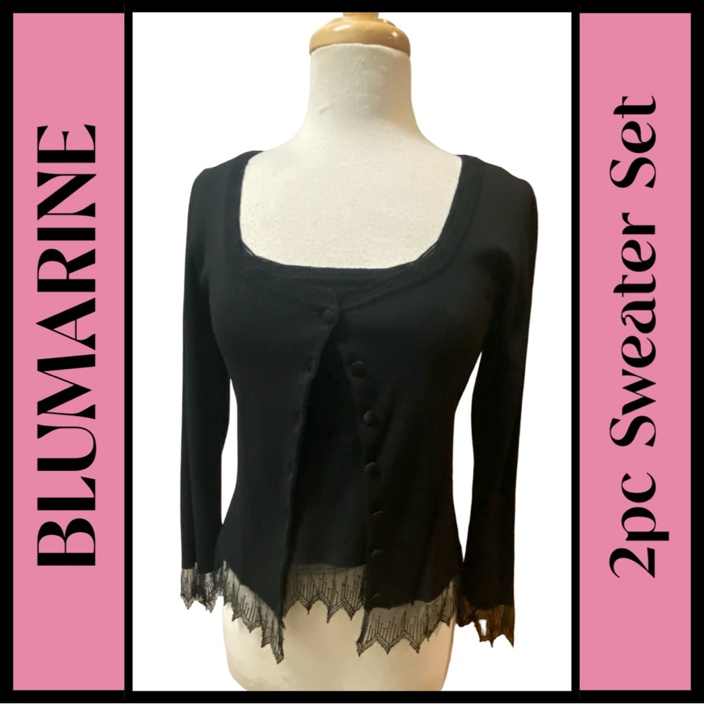 BLUMARINE Italy 2pc Black Sweater Set Lace Trim Satin Buttons Fitted 6/8 (I 44)